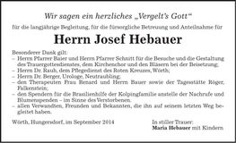 Traueranzeige Josef Hebauer