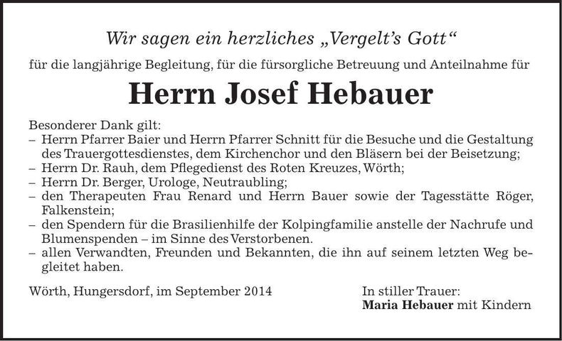 Traueranzeige Josef Hebauer