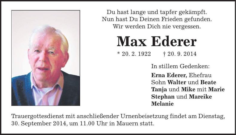Traueranzeige Max Ederer