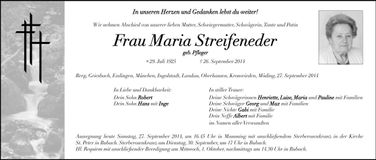 Traueranzeige Maria Streifeneder