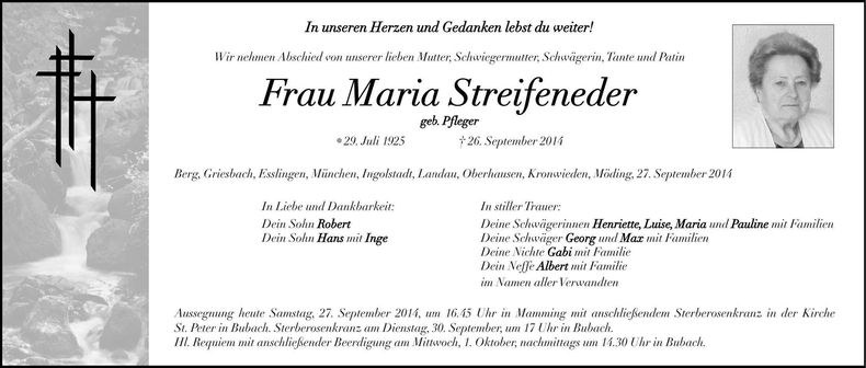 Traueranzeige Maria Streifeneder