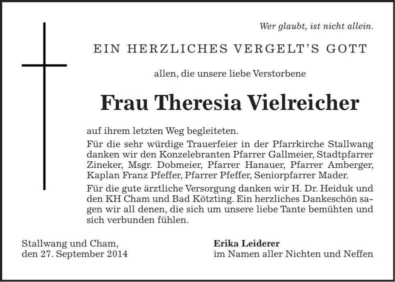 Traueranzeige Theresia Vielreicher