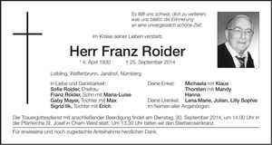 Traueranzeige Franz Roider