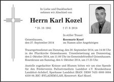 Traueranzeige Karl Kozel