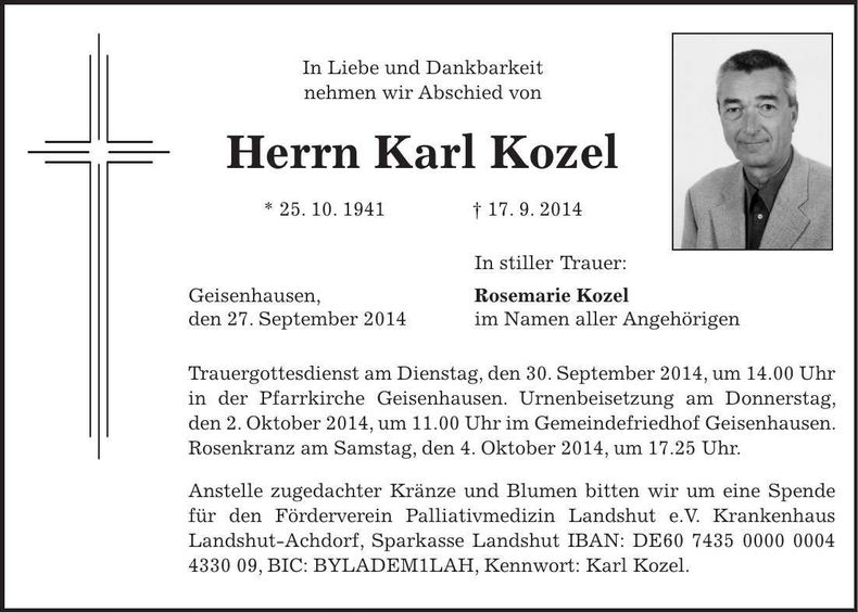Traueranzeige Karl Kozel