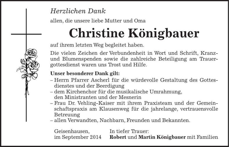 Traueranzeige Christine Königbauer