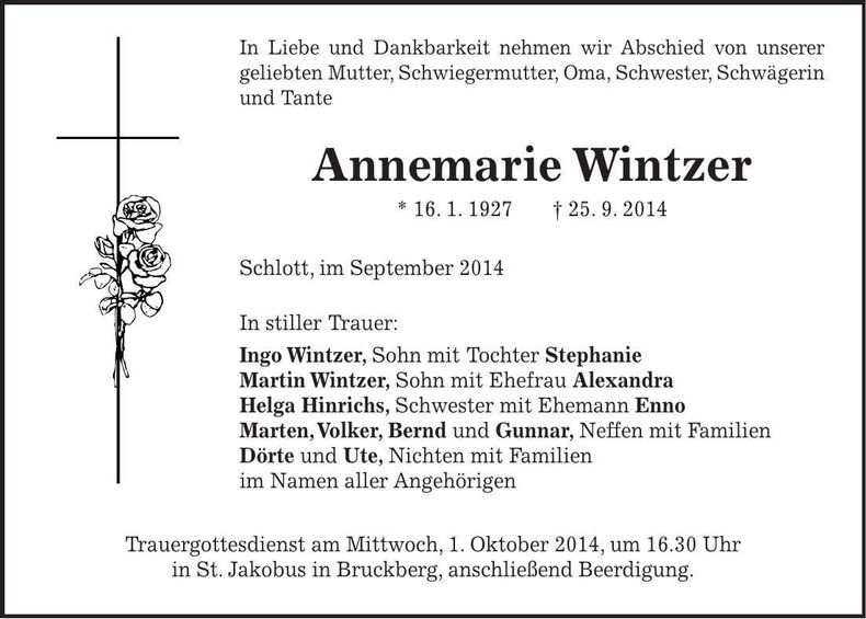 Traueranzeige Annemarie Wintzer