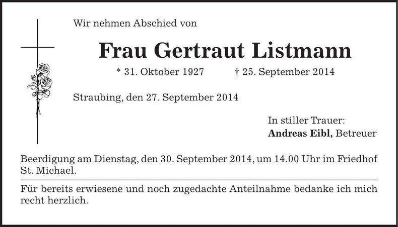 Traueranzeige Gertraut Listmann
