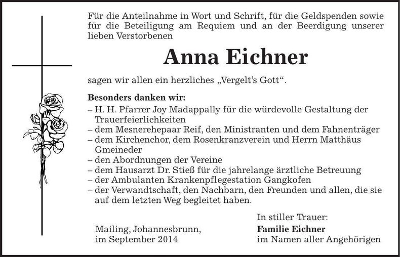 Traueranzeige Anna Eichner