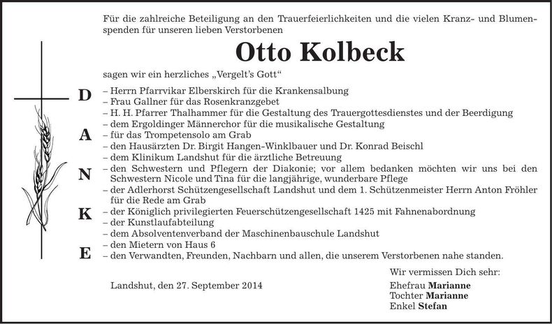 Traueranzeige Otto Kolbeck