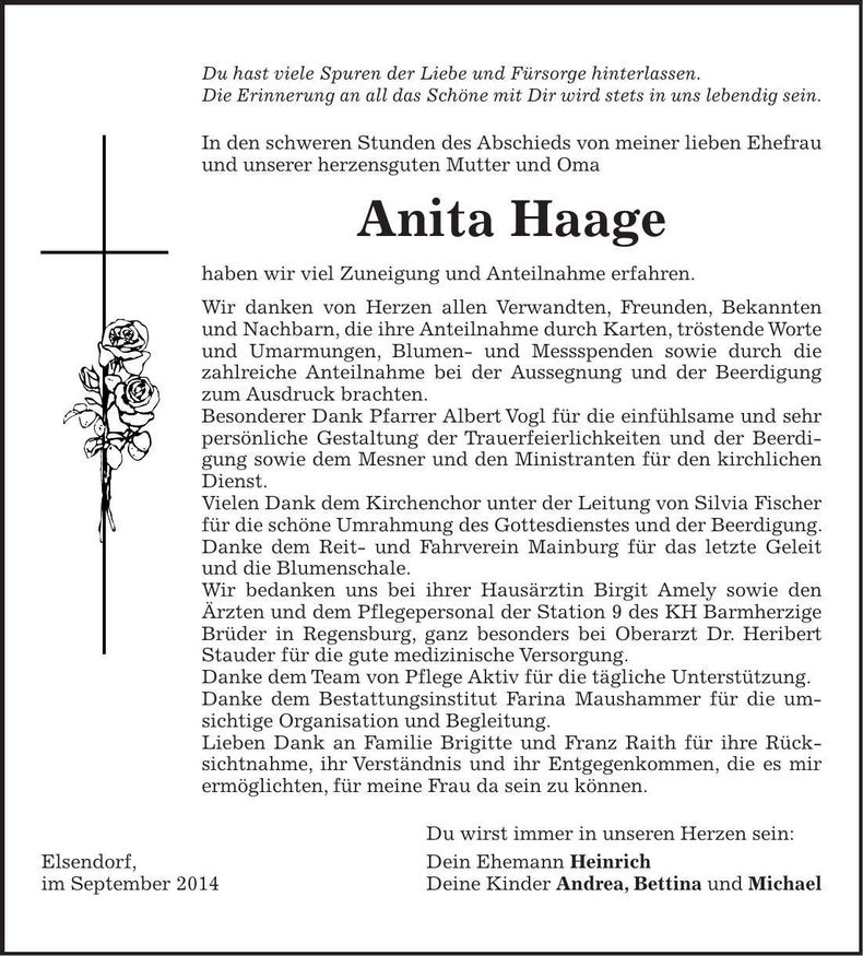 Traueranzeige Anita Haage