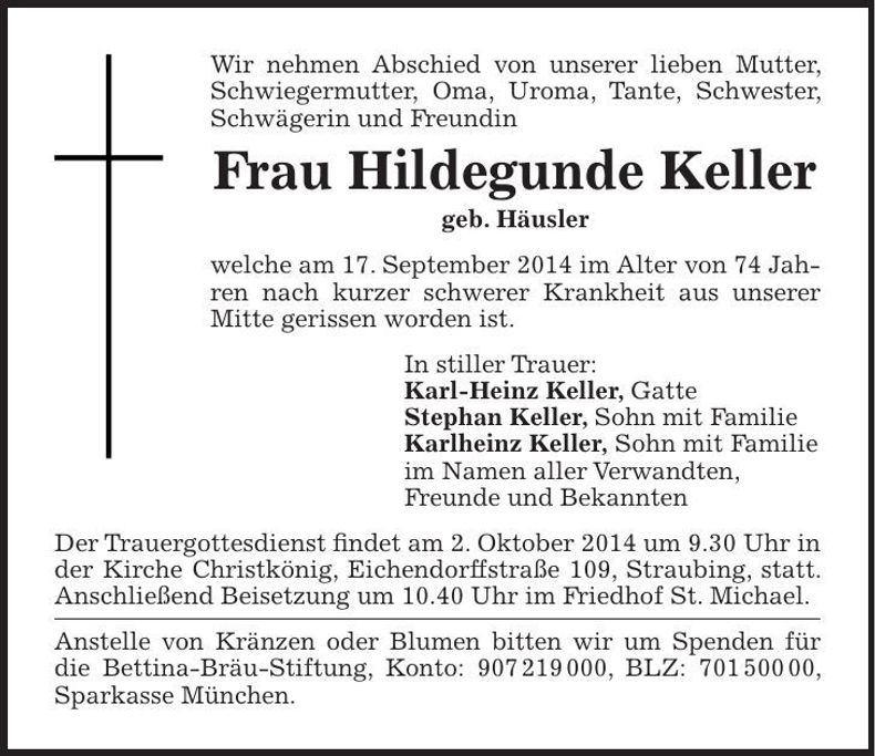 Traueranzeige Hildegunde Keller
