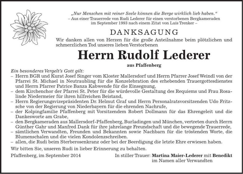 Traueranzeige Rudolf Lederer