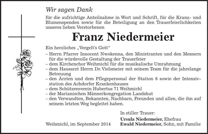 Traueranzeige Franz Niedermeier