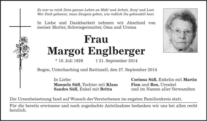Traueranzeige Margot Englberger