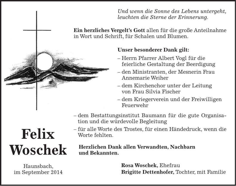 Traueranzeige Felix Woschek