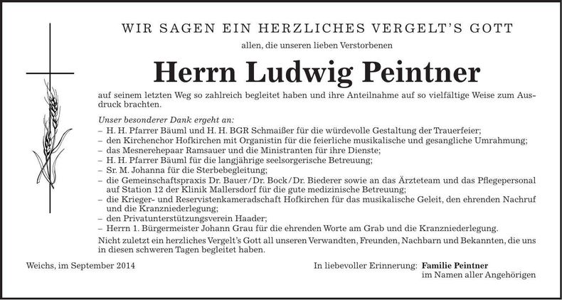 Traueranzeige Ludwig Peintner