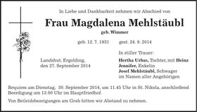 Traueranzeige Magdalena Mehlstäubl