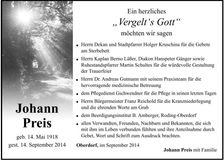 Traueranzeige Johann Preis