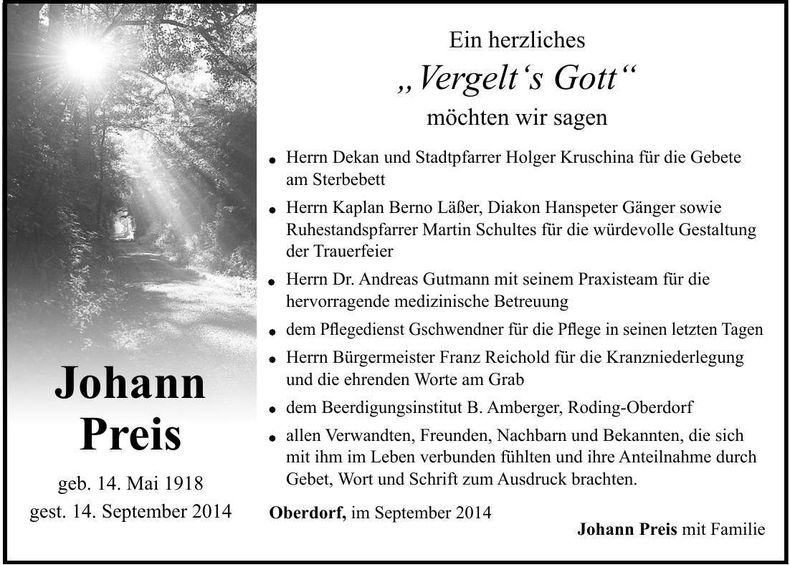 Traueranzeige Johann Preis