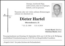 Traueranzeige Dieter Hartel