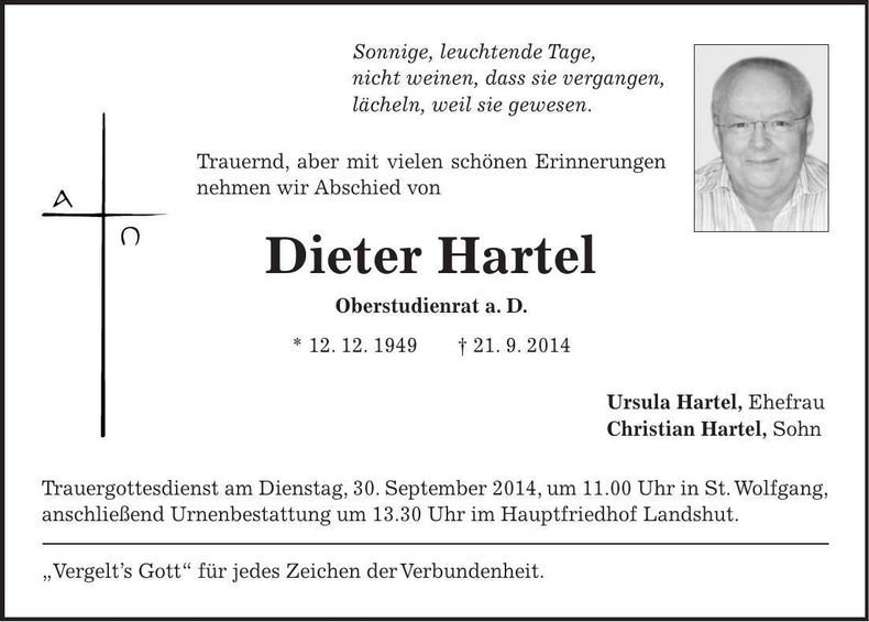 Traueranzeige Dieter Hartel