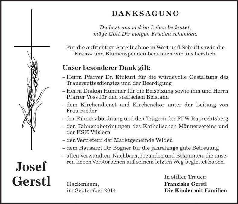 Traueranzeige Josef Gerstl