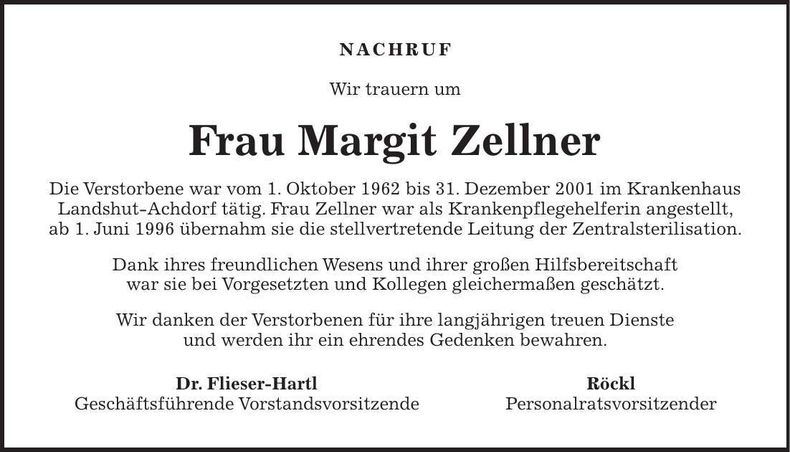 Traueranzeige Margit Zellner
