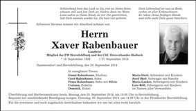 Traueranzeige Xaver Rabenbauer