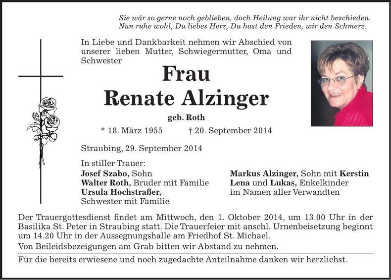Traueranzeige Renate Alzinger