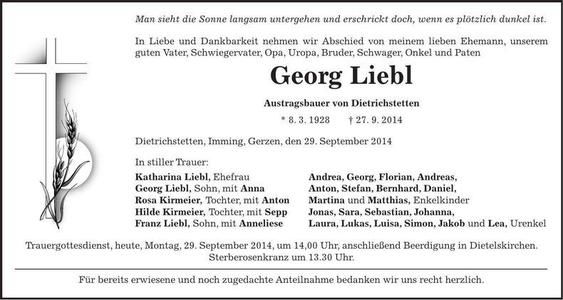 Traueranzeige Georg Liebl