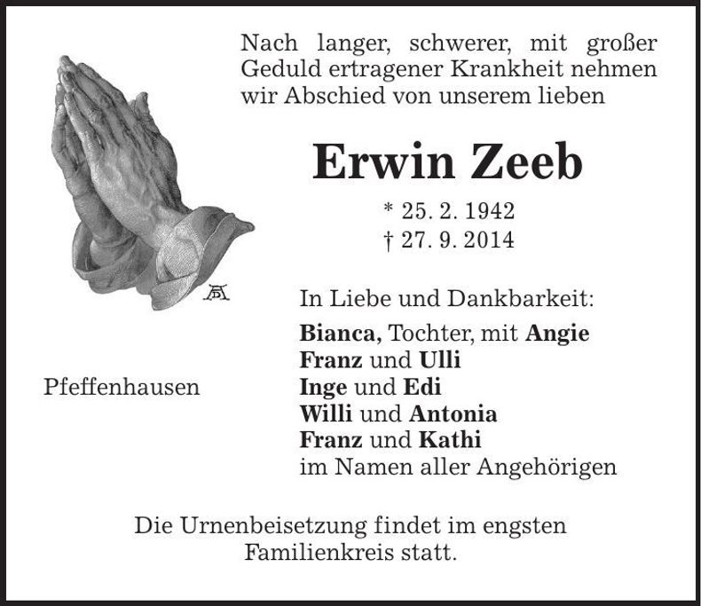 Traueranzeige Erwin Zeeb