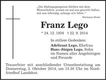Traueranzeige Franz Lego