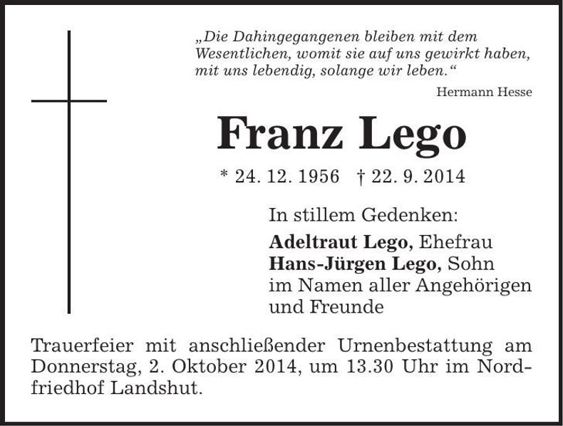 Traueranzeige Franz Lego