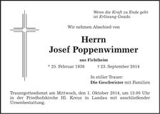 Traueranzeige Josef Poppenwimmer