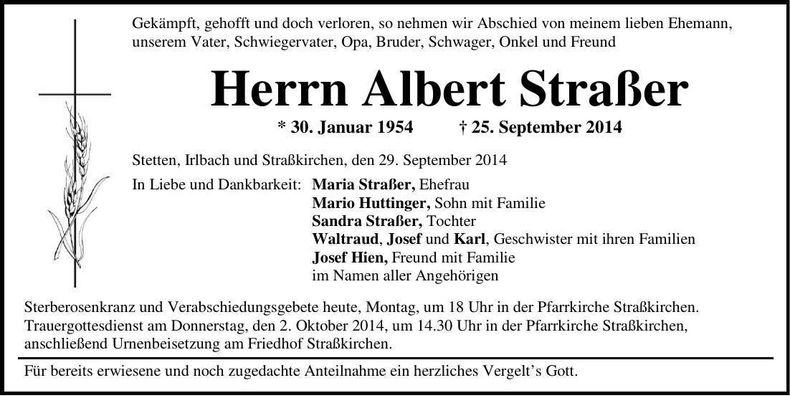 Traueranzeige Albert Straßer