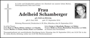Traueranzeige Adelheid Schamberger