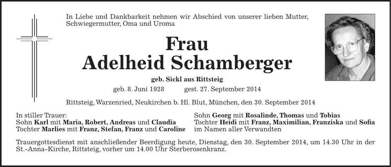 Traueranzeige Adelheid Schamberger
