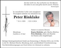 Traueranzeige Rinklake Peter