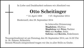 Traueranzeige Otto Scheitinger