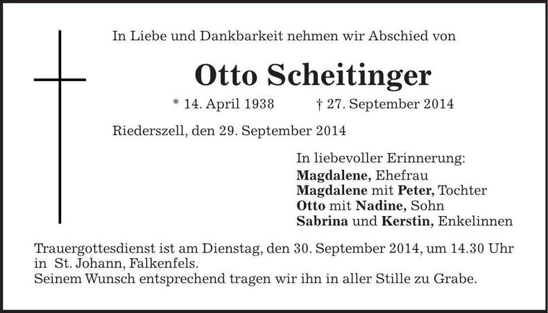 Traueranzeige Otto Scheitinger