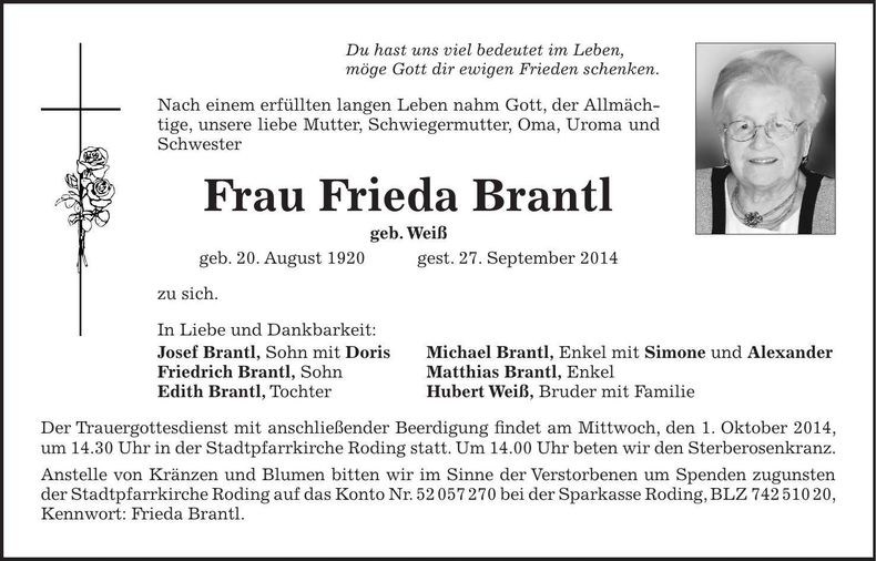 Traueranzeige Frieda Brantl