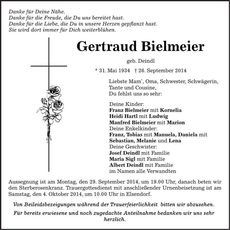 Traueranzeige Gertraud Bielmeier