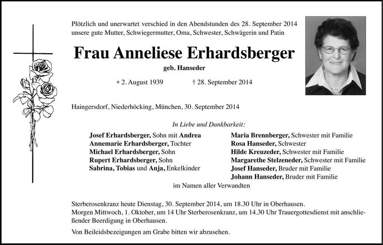 Traueranzeige Anneliese Erhardsberger