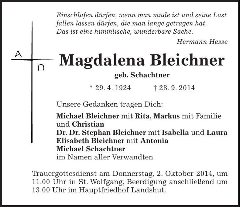 Traueranzeige Magdalena Bleichner