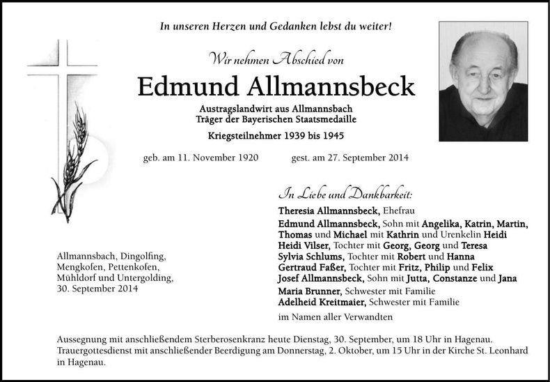 Traueranzeige Edmund Allmannsbeck