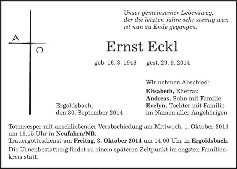 Traueranzeige Ernst Eckl