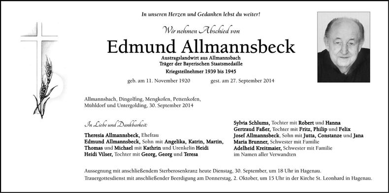 Traueranzeige Edmund Allmannsbeck
