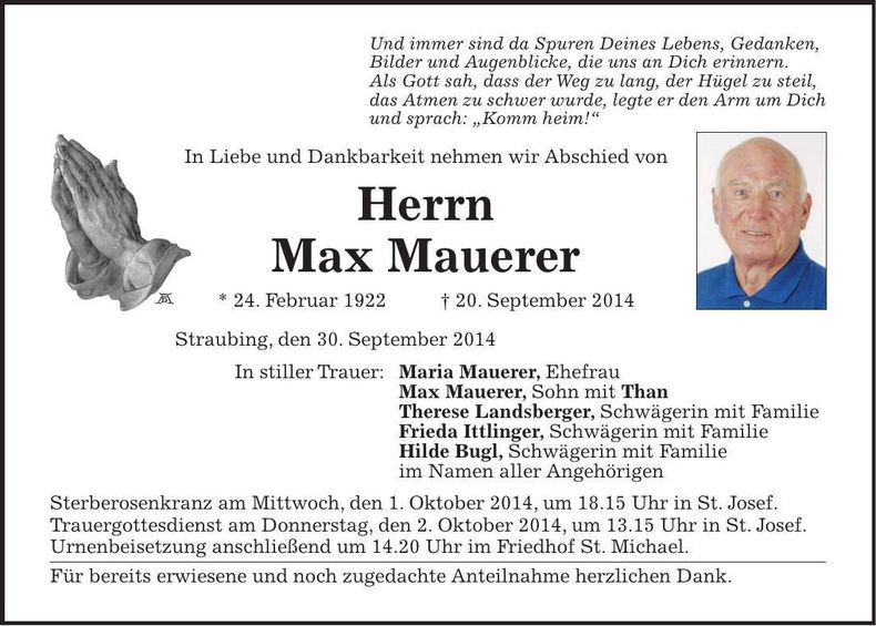 Traueranzeige Max Mauerer