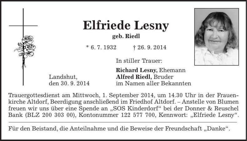 Traueranzeige Elfriede Lesny